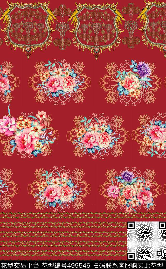 欧式复古花卉 - 499546 - 复古 花卉 欧式花纹 - 数码印花花型 － 床品花型设计 － 瓦栏