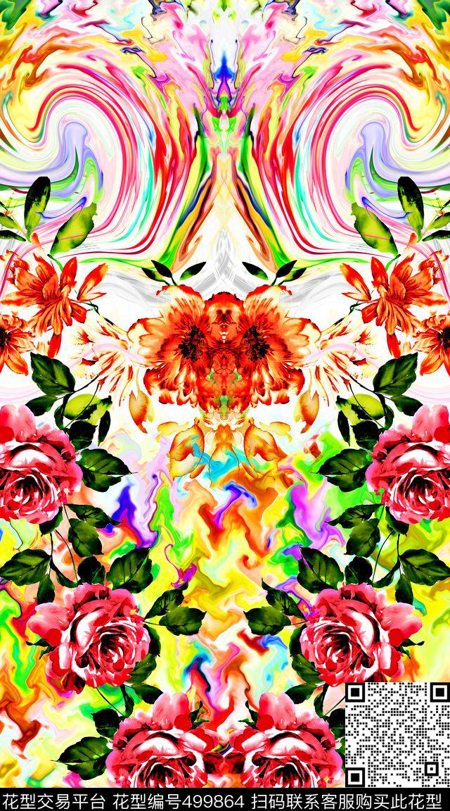 炫彩花卉抽象 拉丝 肌理 创意 画稿 服装 - 499864 - 炫彩 花卉 抽象 - 数码印花花型 － 女装花型设计 － 瓦栏