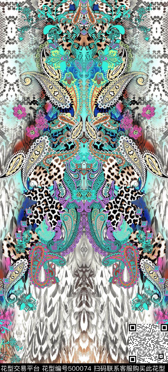 时尚几何 - 500074 - 仿数码 经典豹纹 琵琶花 - 传统印花花型 － 女装花型设计 － 瓦栏