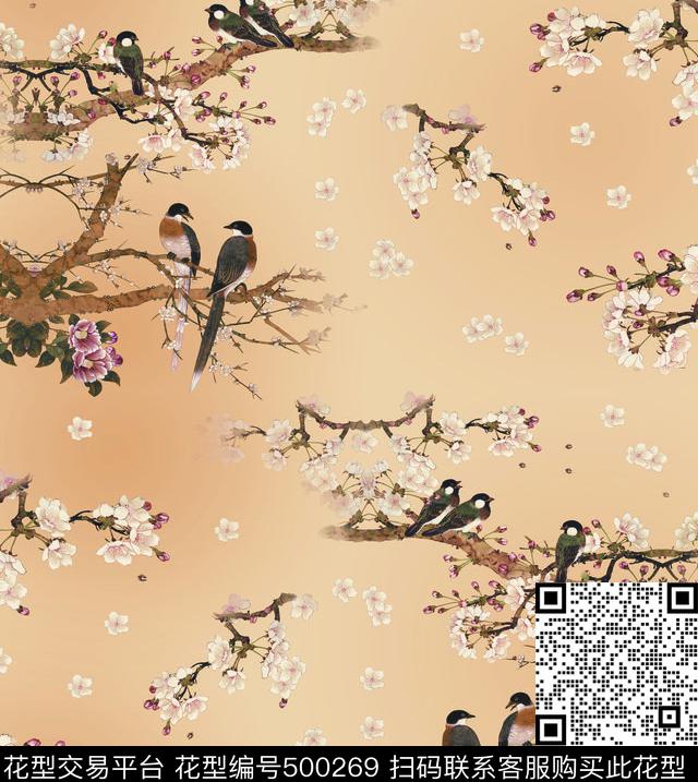 中国风复古花鸟图 - 500269 - 中国风 复古 花鸟图 - 数码印花花型 － 女装花型设计 － 瓦栏