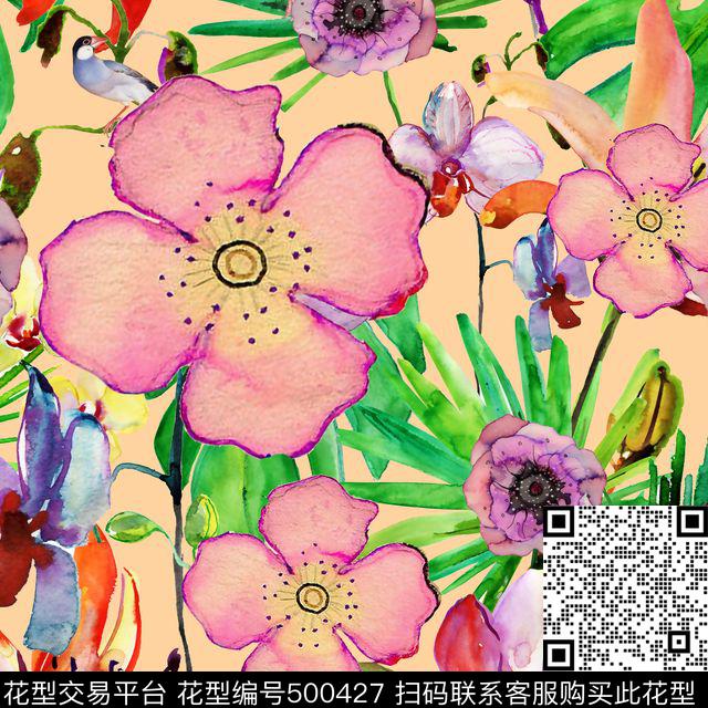 欧美时尚潮流水彩花卉印花 - 500427 - 花卉 潮流时尚大牌 手绘水彩花卉 - 数码印花花型 － 其他花型设计 － 瓦栏