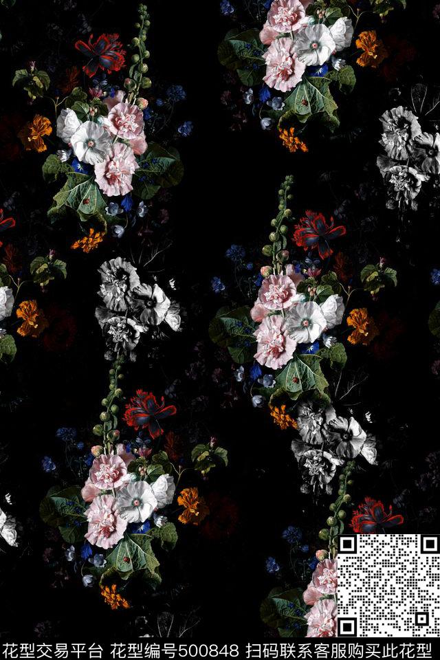 大气秋冬黑底花卉 - 500848 - 简约 黑底 油画 - 数码印花花型 － 女装花型设计 － 瓦栏
