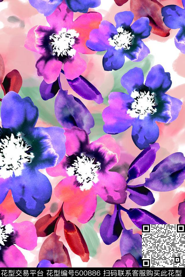 原创大牌时尚手绘水彩花卉梦幻花型 - 500886 - 大牌 手绘 水彩 - 数码印花花型 － 女装花型设计 － 瓦栏