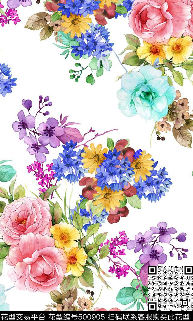 手绘花卉漂亮满底 - 500905 - 手绘花卉漂亮满底 - 数码印花花型 － 女装花型设计 － 瓦栏