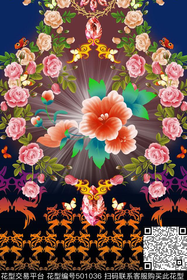 定位中国风花卉 - 501036 - 定位 花卉 中国风 - 数码印花花型 － 女装花型设计 － 瓦栏