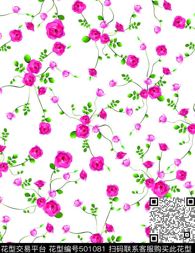 玫瑰 - 501081 - 花卉 时尚 叶子 - 传统印花花型 － 女装花型设计 － 瓦栏