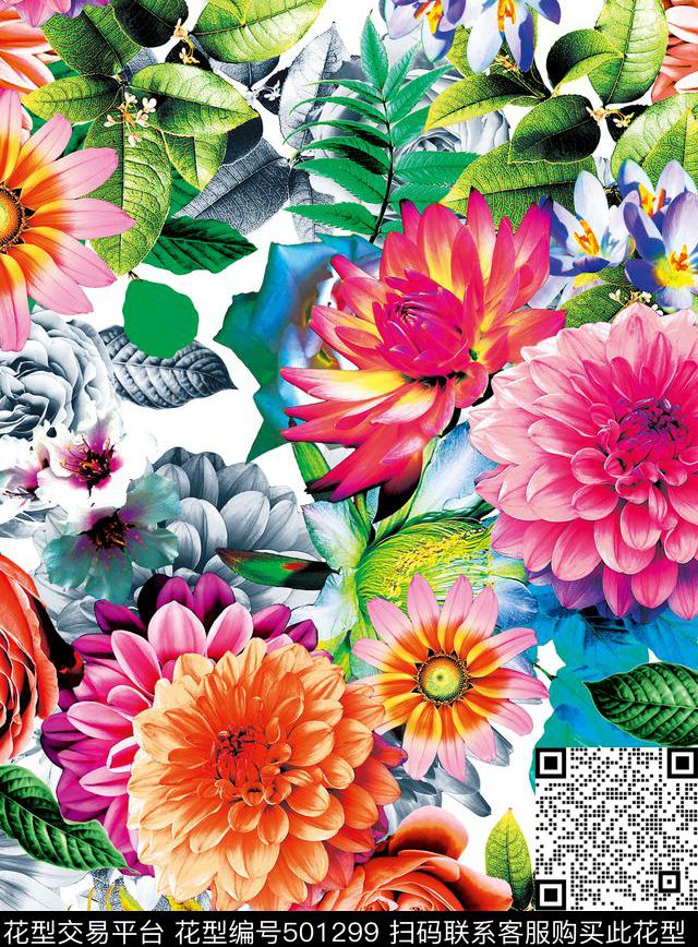服装数码印花 叶子花 - 501299 - 叶子花 中国风 - 数码印花花型 － 女装花型设计 － 瓦栏