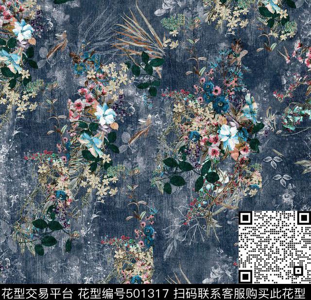 服装数码印花 定位花 - 501317 - 中国风 叶子花 - 数码印花花型 － 女装花型设计 － 瓦栏