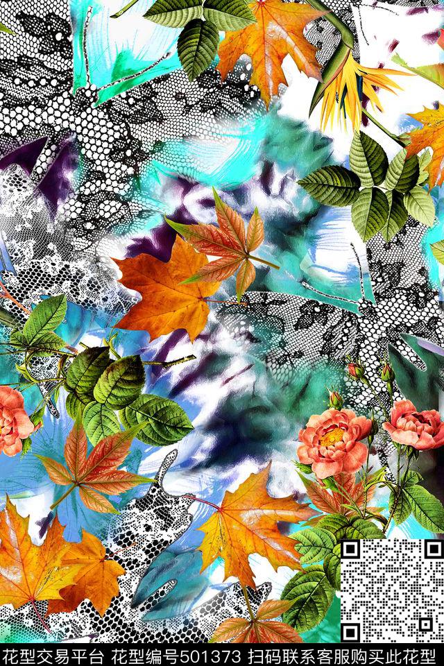 树叶蕾丝花 - 501373 - 树叶 蕾丝 花卉 - 数码印花花型 － 女装花型设计 － 瓦栏