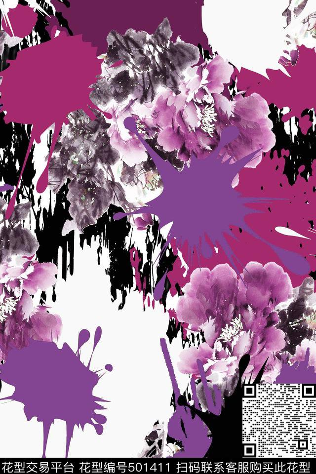 抽象水墨花卉图案 - 501411 - 抽象 水墨 几何 - 数码印花花型 － 女装花型设计 － 瓦栏