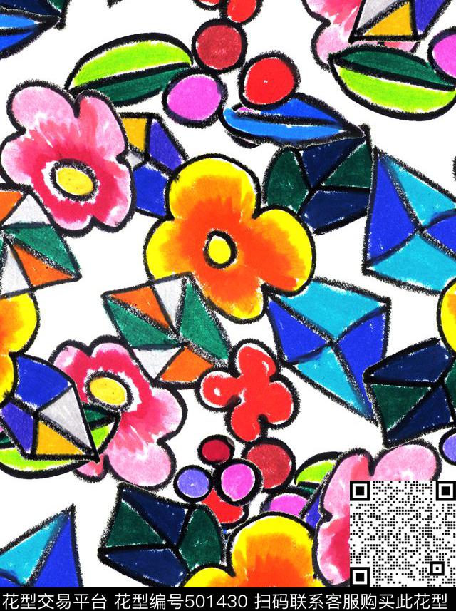 手绘油彩花卉年轻个性时尚 - 501430 - 手绘油彩花卉年轻个性时尚 - 数码印花花型 － 女装花型设计 － 瓦栏