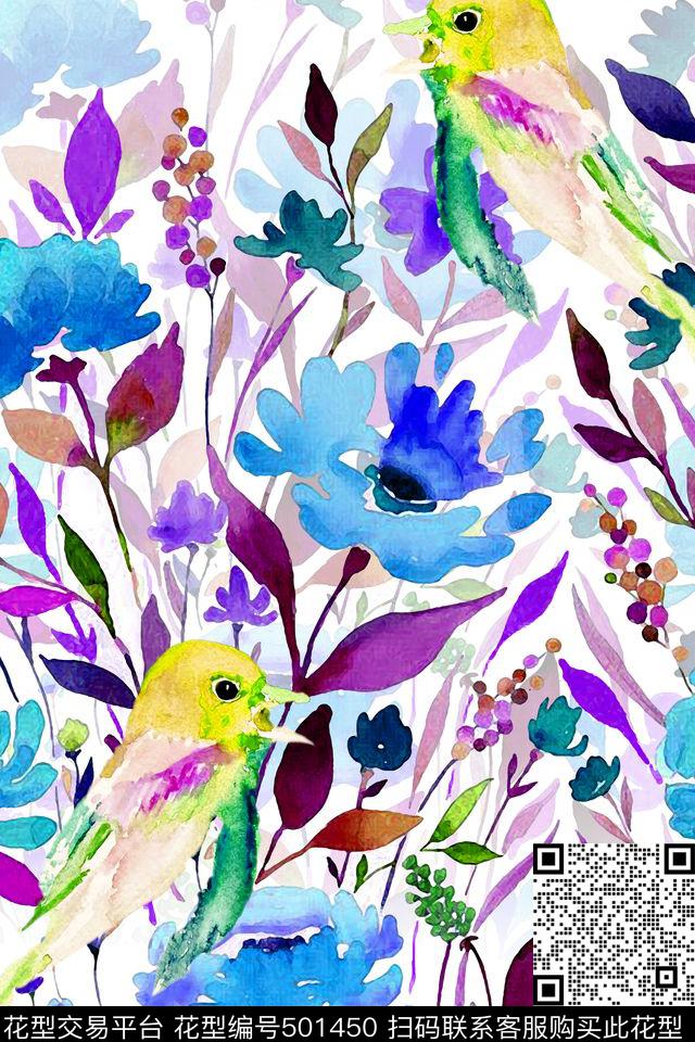 2016早春系列 - 501450 - 时尚 花鸟 水粉 - 数码印花花型 － 女装花型设计 － 瓦栏