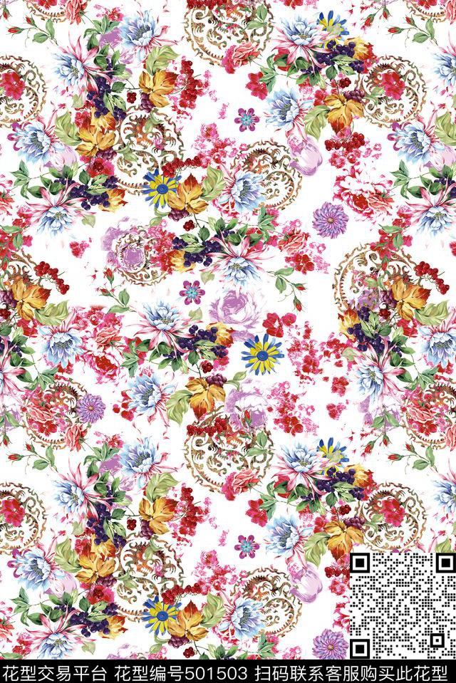 手绘花卉 - 501503 - 时尚 数码 1色 - 数码印花花型 － 女装花型设计 － 瓦栏