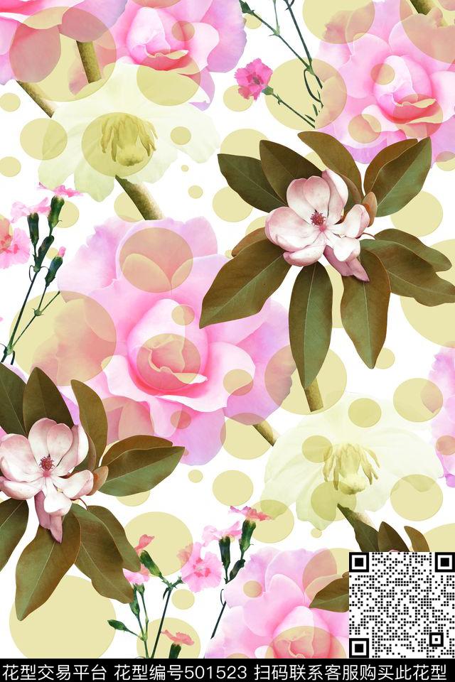 圆点简洁写实花卉 - 501523 - 简洁背景 清新 写实花卉 - 数码印花花型 － 女装花型设计 － 瓦栏