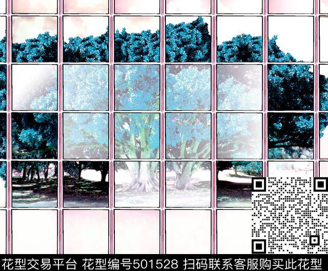 原创方格几何大树景观花型 - 501528 - 原创 景观 优雅 - 数码印花花型 － 女装花型设计 － 瓦栏