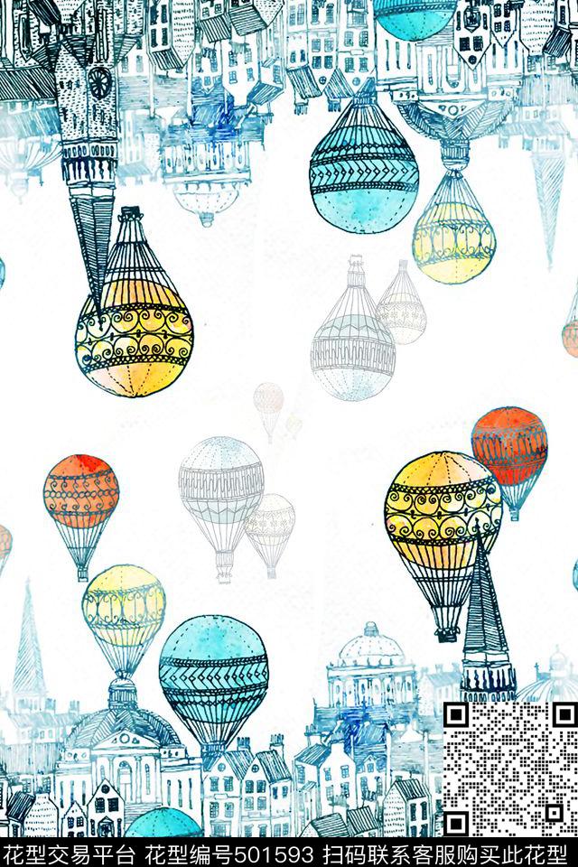 时尚 潮流 手绘 楼房 气球 组合 服装 面料 - 501593 - 时尚 气球 卡通 - 数码印花花型 － 女装花型设计 － 瓦栏