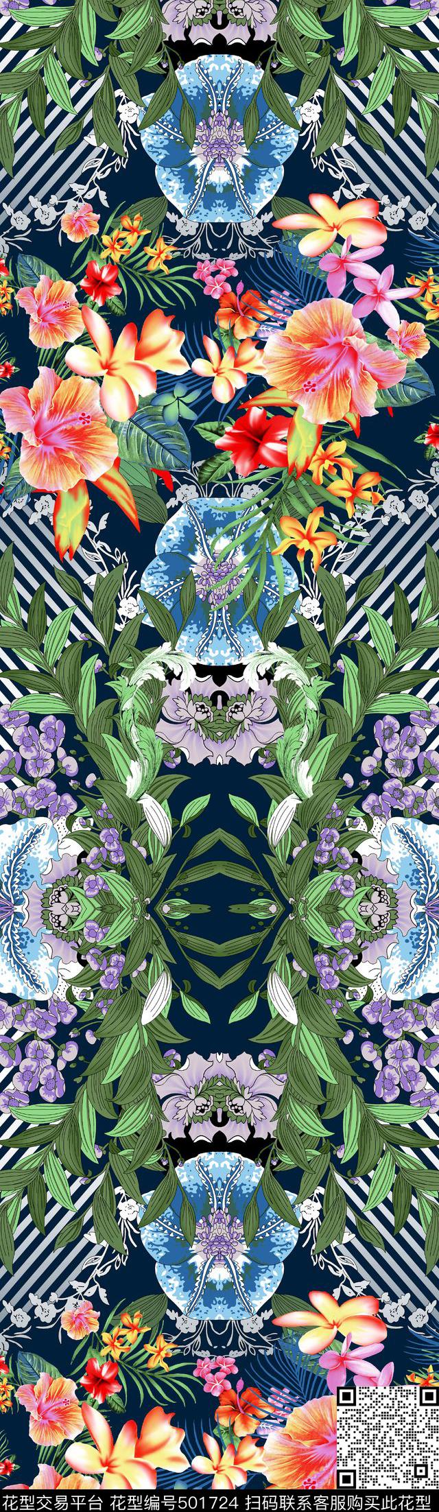 花卉 - 501724 - 现代 花卉 几何底纹 - 数码印花花型 － 女装花型设计 － 瓦栏
