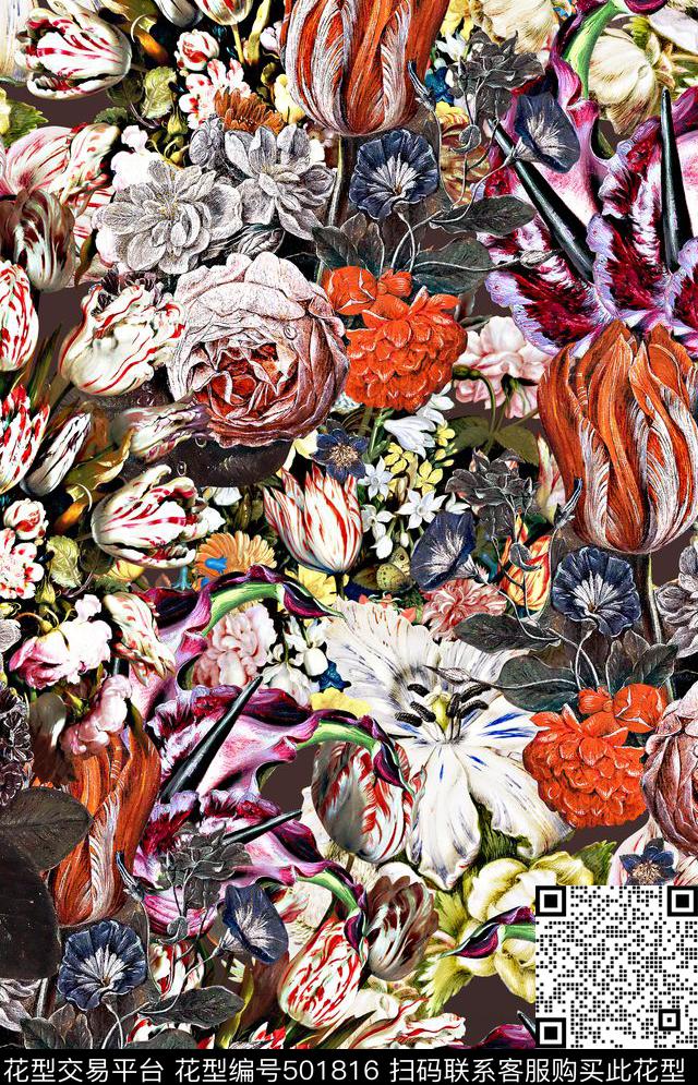 油画花卉组合 创意满版 复古 手绘花卉 冬季服装 面料 - 501816 - 创意 冬季 服装 - 数码印花花型 － 女装花型设计 － 瓦栏