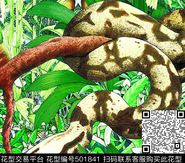 热带雨林蛇 - 501841 - 蛇 手绘 热带植物 - 数码印花花型 － 女装花型设计 － 瓦栏