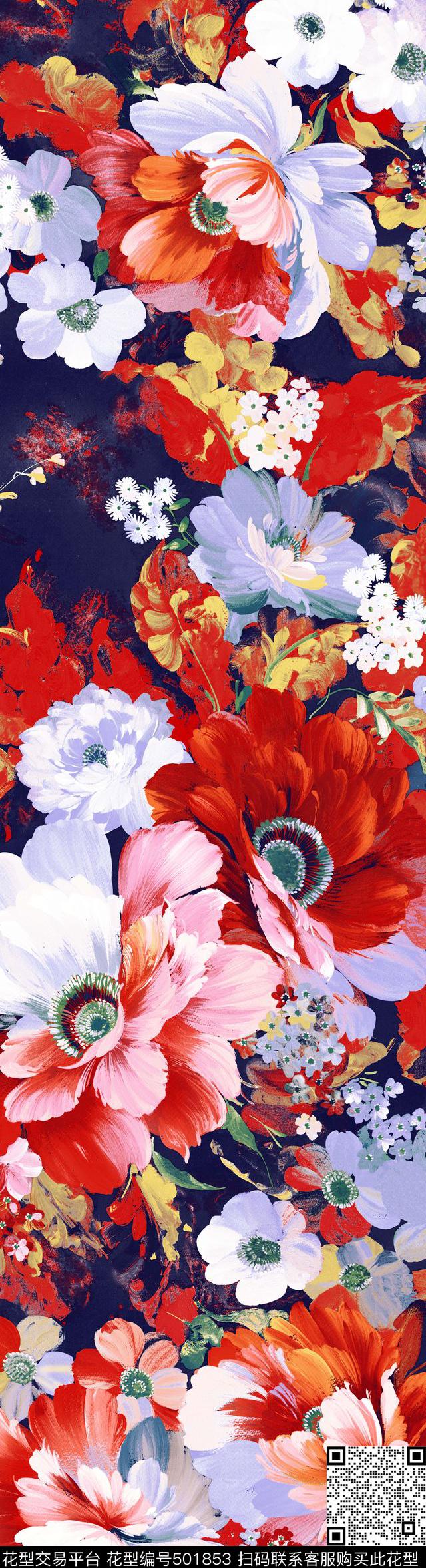 艺术家纺系列 - 501853 - 潮流 花卉 手绘 - 数码印花花型 － 床品花型设计 － 瓦栏