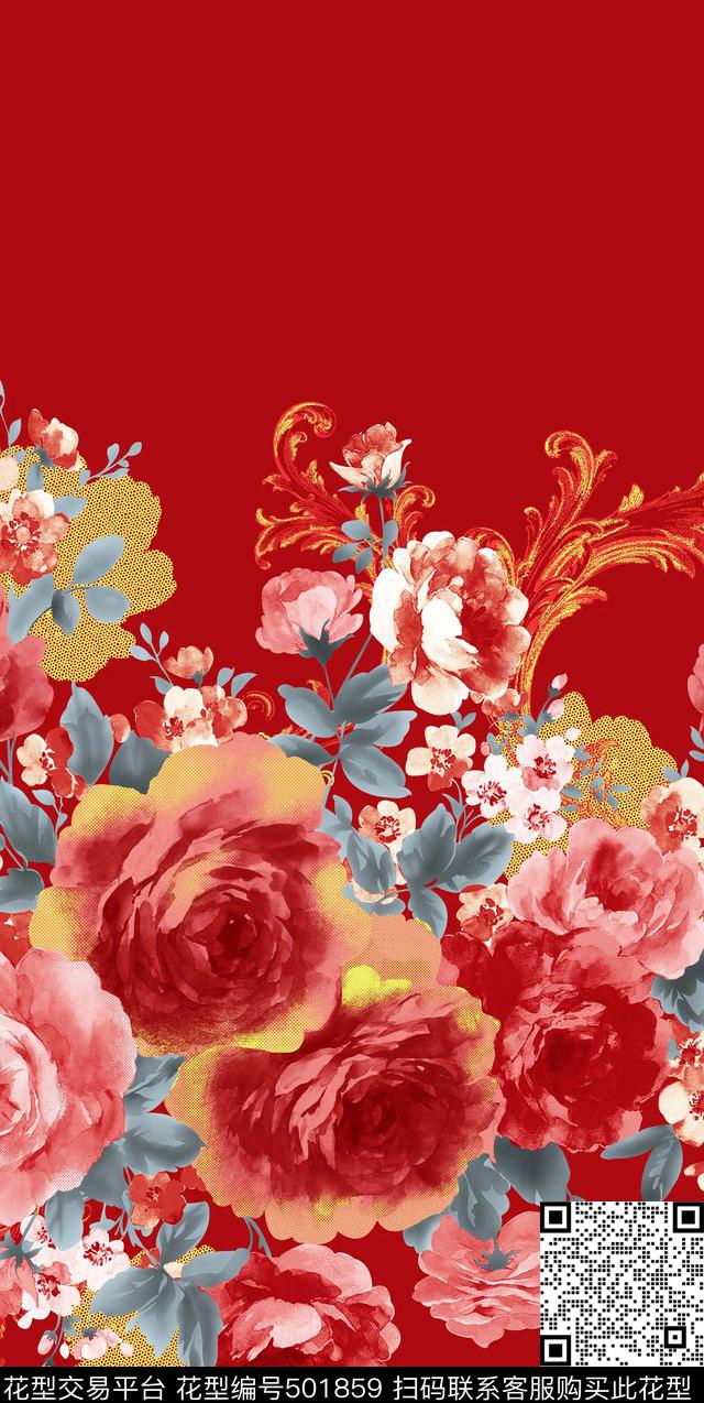 艺术家纺系列 - 501859 - 花卉 时尚 手绘 - 数码印花花型 － 床品花型设计 － 瓦栏