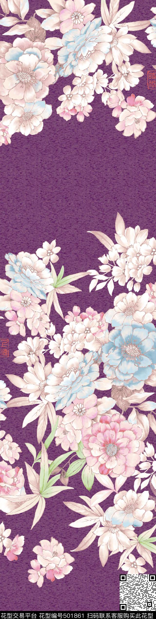 艺术家纺系列 - 501861 - 工笔花卉 时尚 手绘 - 数码印花花型 － 床品花型设计 － 瓦栏