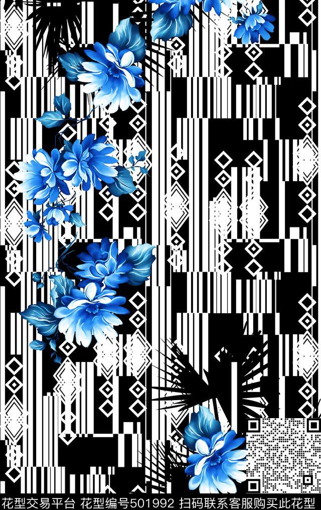 花卉 - 501992 - 现代 花卉 几何 - 传统印花花型 － 女装花型设计 － 瓦栏