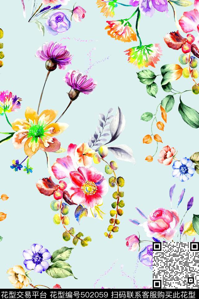 时尚手绘水彩花卉 - 502059 - 时尚 手绘 水彩 - 数码印花花型 － 女装花型设计 － 瓦栏
