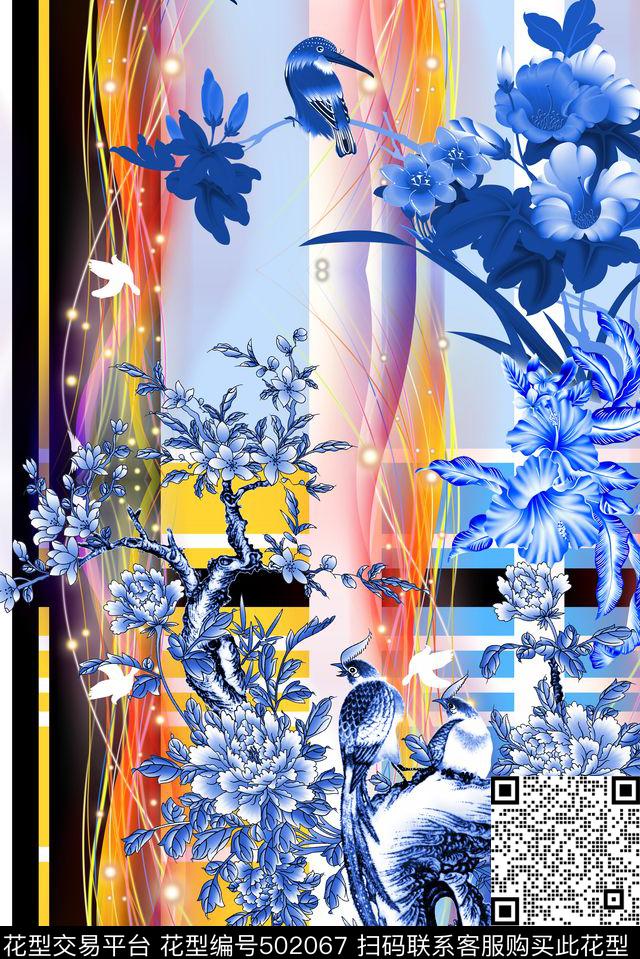 中国风定位炫光青花 - 502067 - 定位 花卉 中国风 - 数码印花花型 － 女装花型设计 － 瓦栏