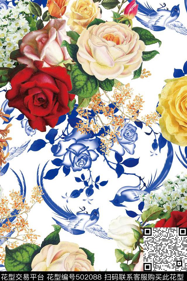手绘油画传统花纹青花瓷花卉系列 - 502088 - 女装 潮流时尚大牌 青花瓷花卉花鸟 - 数码印花花型 － 其他花型设计 － 瓦栏