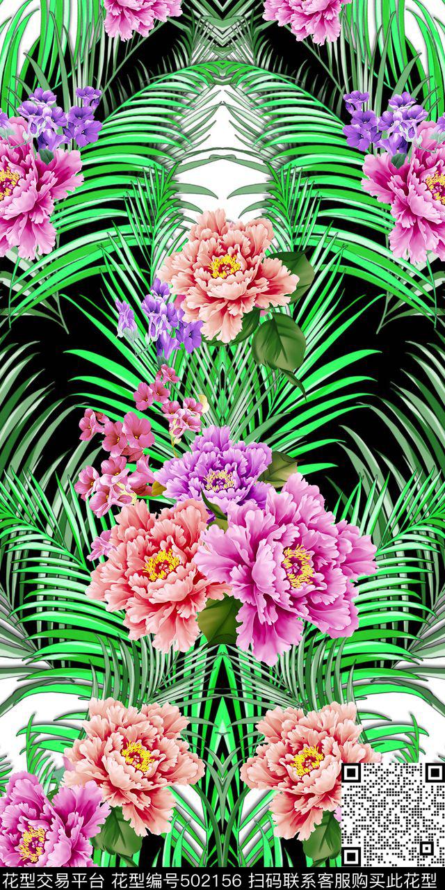 定位热带植物花卉组合 - 502156 - 热带叶子 花卉 时尚 - 数码印花花型 － 女装花型设计 － 瓦栏