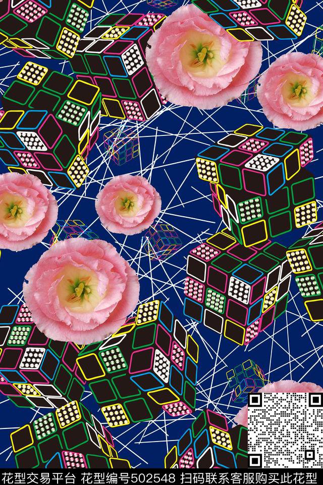 复古时尚3D魔方几何花卉印花 - 502548 - 花卉 3D魔方 潮流时尚大牌 - 数码印花花型 － 其他花型设计 － 瓦栏