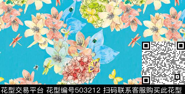 原创大牌笔触花卉花型 - 503212 - 原创 花卉 优雅 - 数码印花花型 － 女装花型设计 － 瓦栏