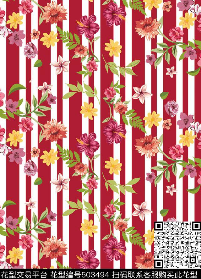 红色竖条纹花卉 - 503494 - 红白竖条纹 菊花 牵牛花 - 传统印花花型 － 其他花型设计 － 瓦栏