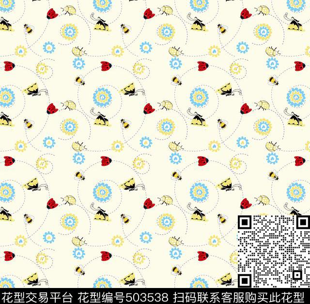 昆虫花版 - 503538 - 清新可爱 小蜜蜂 蝴蝶 - 传统印花花型 － 沙发布花型设计 － 瓦栏