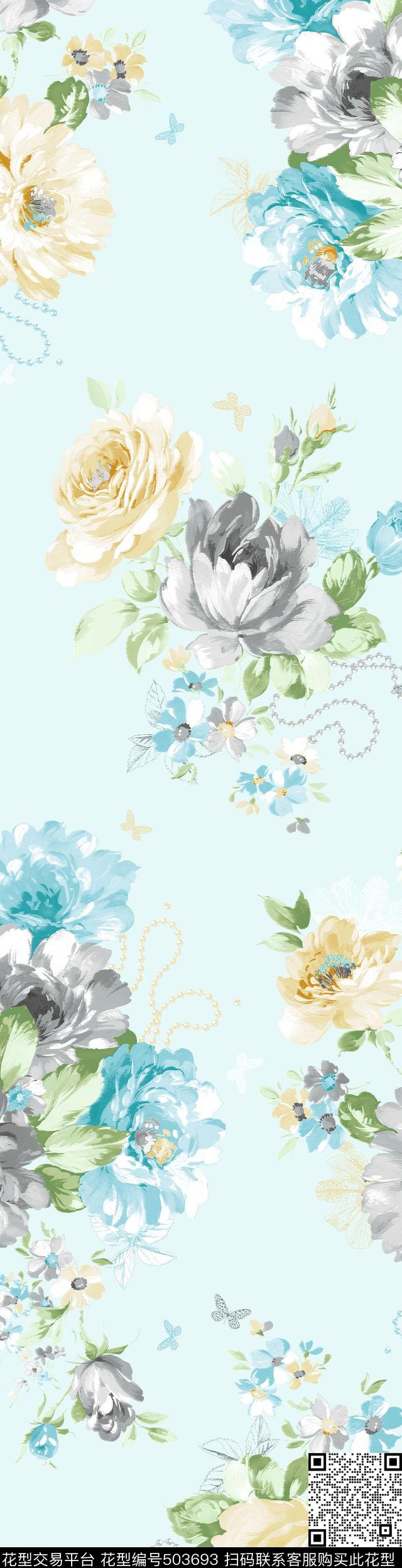 时尚家纺手绘花卉田园风格图案 - 503693 - 时尚家纺 手绘 花卉 - 数码印花花型 － 床品花型设计 － 瓦栏