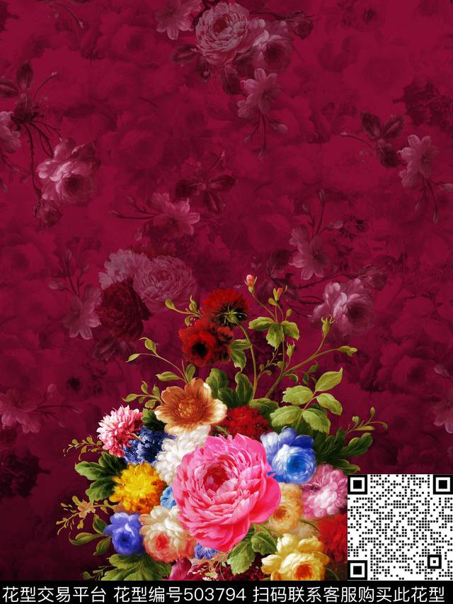 大版定位花 - 503794 - 定位花型 花卉 - 数码印花花型 － 女装花型设计 － 瓦栏