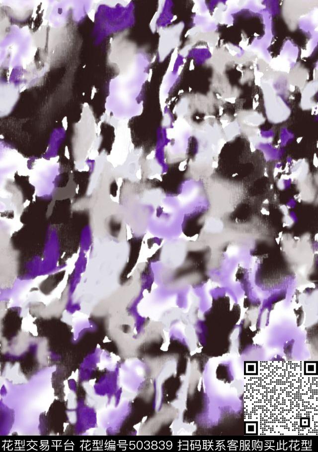 紫藤水墨 - 503839 - 写意 笔触感 肌理 - 传统印花花型 － 女装花型设计 － 瓦栏