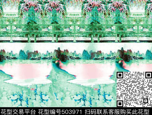 原创花卉小桥河流抽象定位花型 - 503971 - 原创 景物 优雅 - 数码印花花型 － 女装花型设计 － 瓦栏