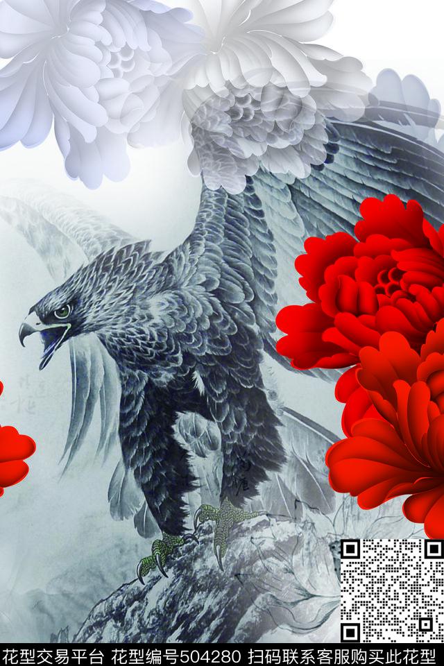 中国风水墨牡丹鹰犀利卫衣外套 - 504280 - 中国风 水墨 牡丹 - 数码印花花型 － 女装花型设计 － 瓦栏