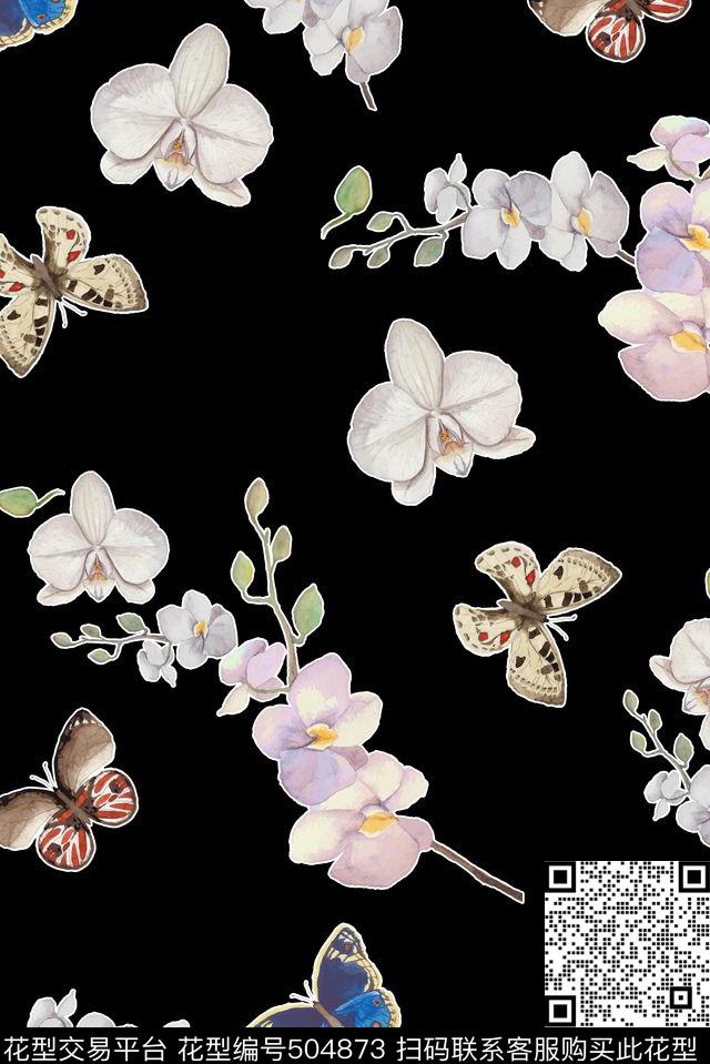 时尚黑底白色包边数码花卉蝴蝶动物昆虫 - 504873 - 时尚 黑底 包边 - 数码印花花型 － 女装花型设计 － 瓦栏