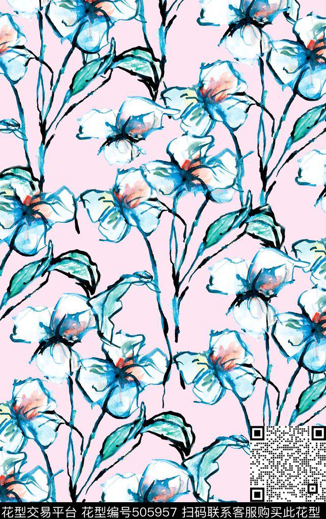 原创大牌花卉绘画花型 - 505957 - 原创 花卉 优雅 - 数码印花花型 － 女装花型设计 － 瓦栏