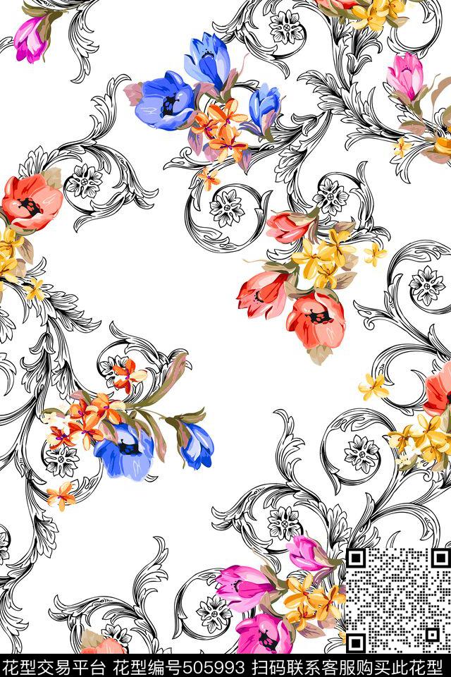 卷草花卉 - 505993 - 卷草纹 花卉 卷草 - 传统印花花型 － 女装花型设计 － 瓦栏