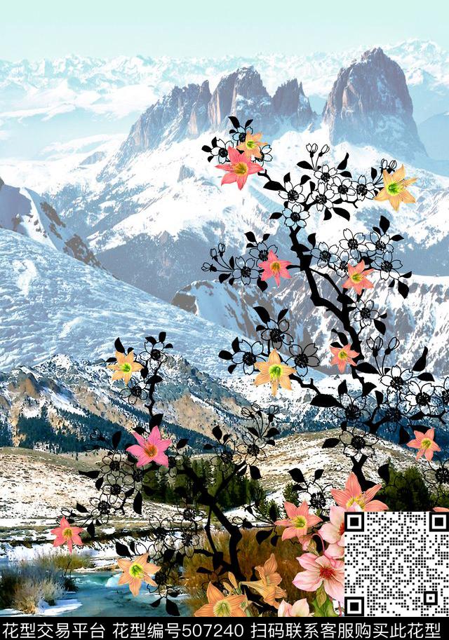 定位风景花卉雪山山脉大山湖泊河花卉花朵组合 - 507240 - 定位 风景 雪山 - 数码印花花型 － 女装花型设计 － 瓦栏