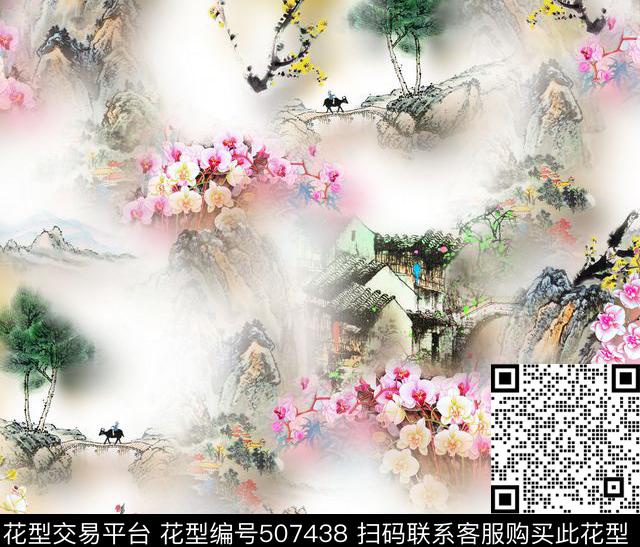 中国风国画山水面料 - 507438 - 复古 中国风 国画山水 - 数码印花花型 － 女装花型设计 － 瓦栏