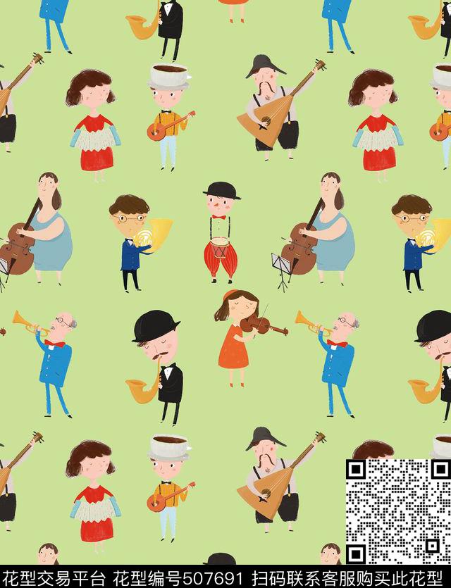 卡通乐队演奏 - 507691 - 卡通 乐器 人物 - 数码印花花型 － 女装花型设计 － 瓦栏