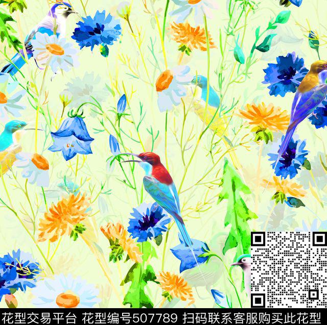 田园风丛林小鸟 - 507789 - 田园风 花卉 动物 - 数码印花花型 － 女装花型设计 － 瓦栏