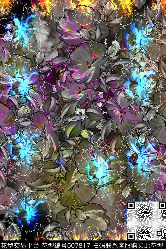 抽象花卉欧美风民族气息 - 507817 - 抽象魔幻色块肌理 花卉魔幻 欧美民族风 - 数码印花花型 － 女装花型设计 － 瓦栏