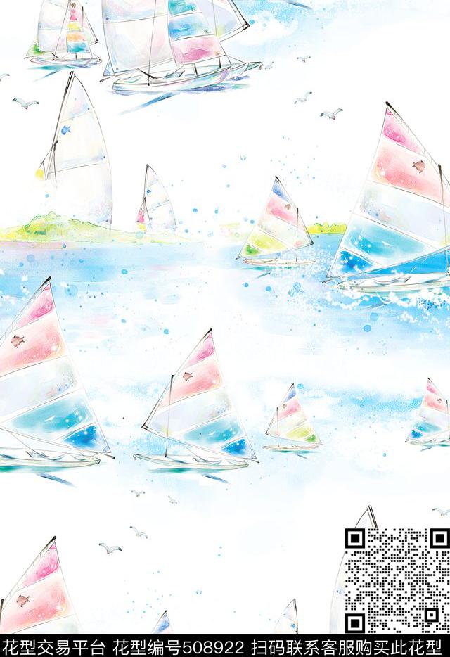 扬帆远航 海洋风 - 508922 - 写意风景景观 帆船 海燕海鸥 - 数码印花花型 － 女装花型设计 － 瓦栏