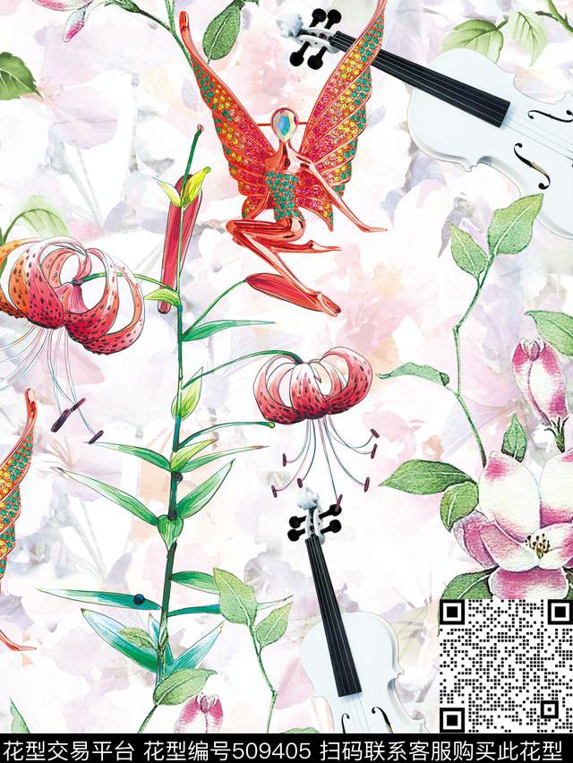花卉与琴 - 509405 - 素雅 数码 1色 - 数码印花花型 － 女装花型设计 － 瓦栏